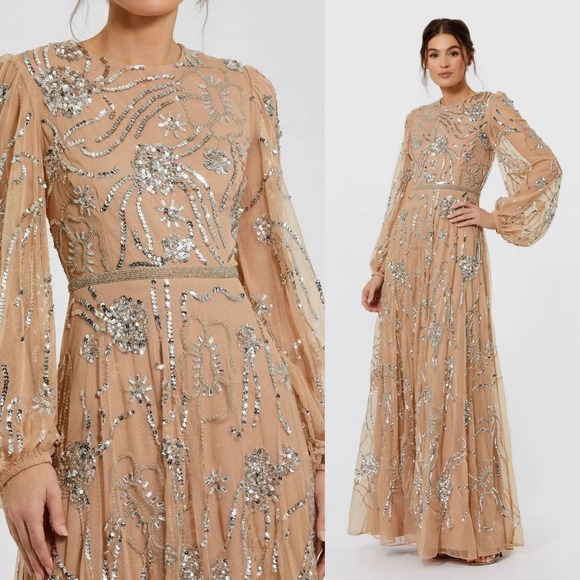 Mac Duggal Dresses & Skirts - Mac Duggal Beige Embellished High Neck Puff Sleeve Gown $698 - Size 14